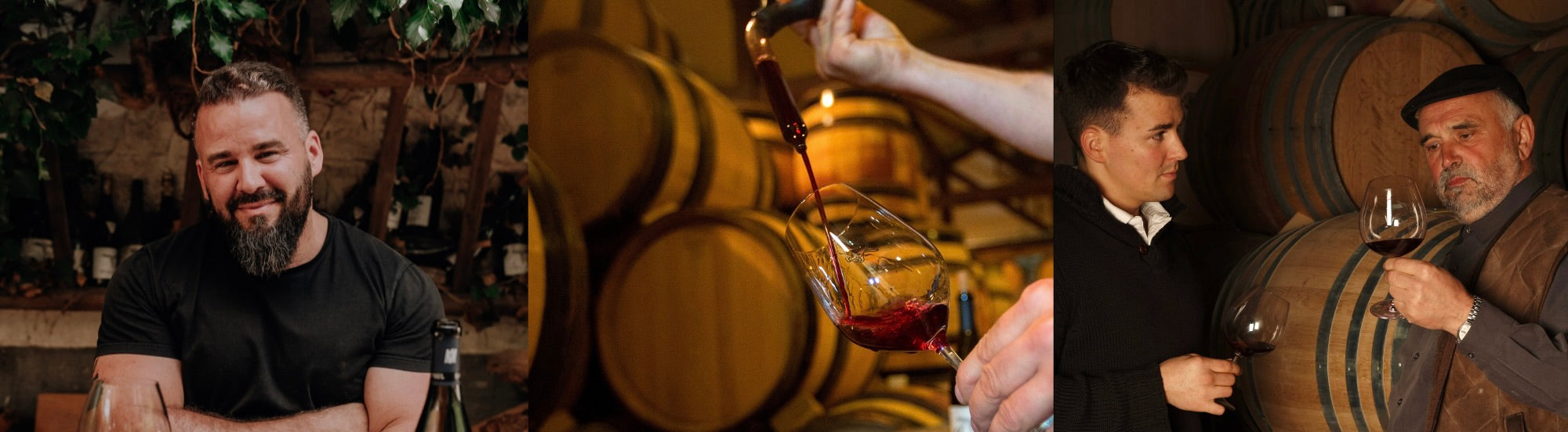 Drei Szenen: Mann mit Bart lächelt, Wein wird ins Glas gegossen, zwei Männer verkosten Wein vor Holzfässern.