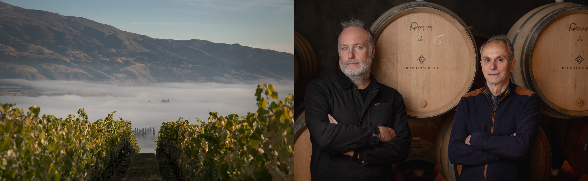 Links: ein Weinberg im Nebel vor Bergen. Rechts: Zwei Männer stehen mit verschränkten Armen vor Weinfässern.