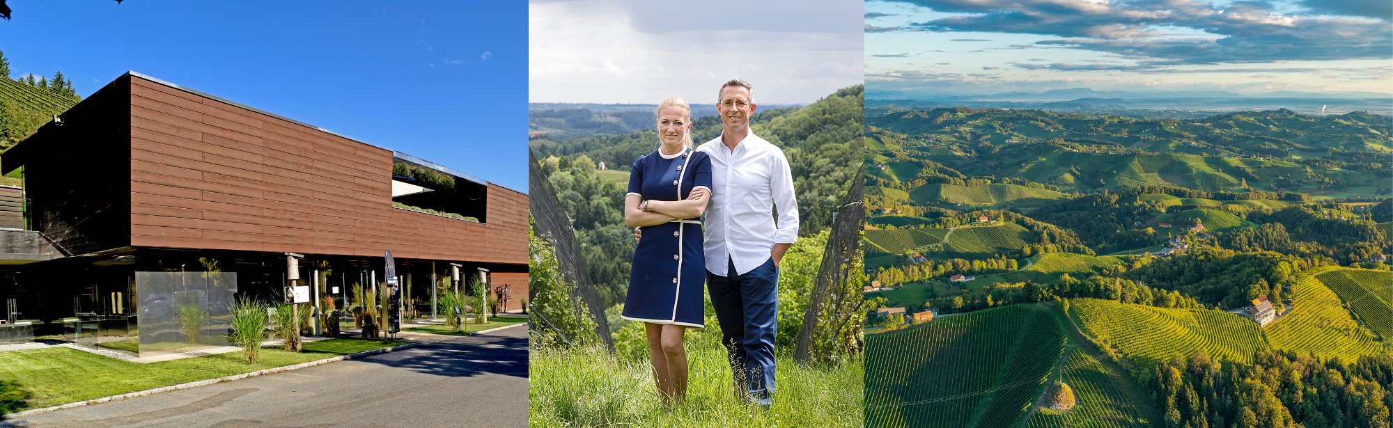 Collage mit modernem Gebäude, zwei Menschen in der Natur und eine Landschaft mit Weinbergen und Hügeln.