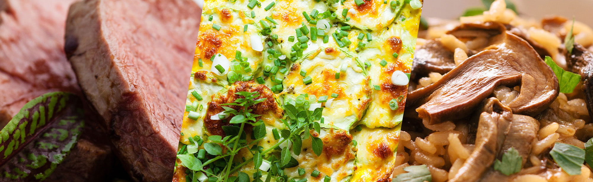 Drei Bilder: Rindfleisch mit Kräutern, Zucchiniauflauf mit Käse und Pilzrisotto mit Kräutern.
