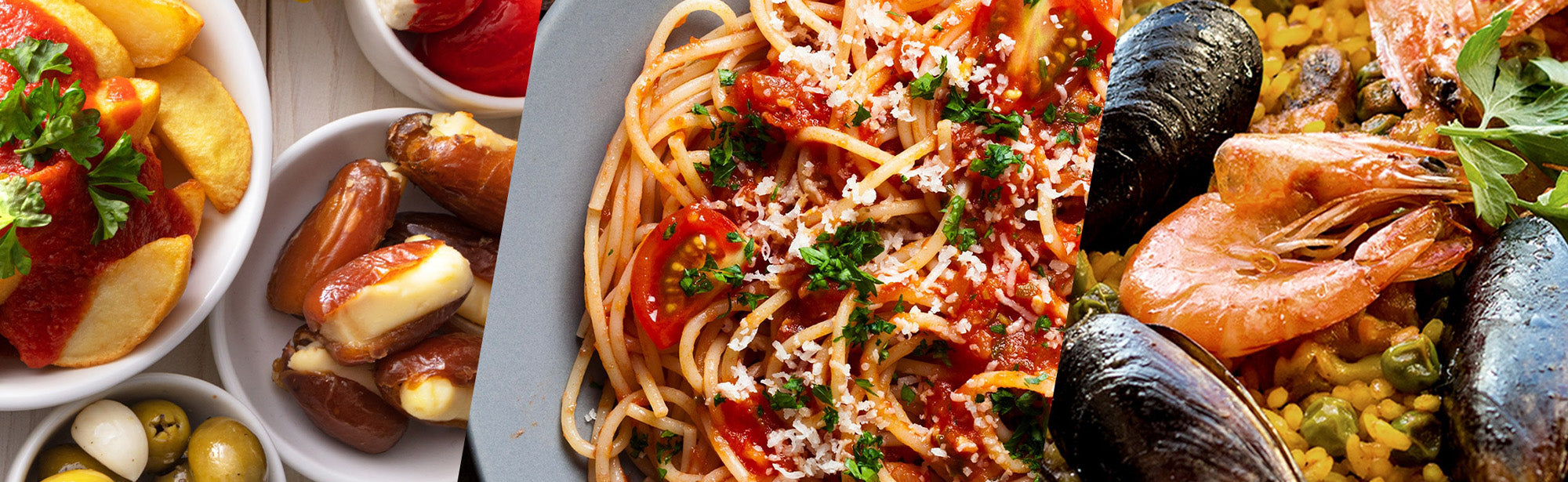 Verschiedene mediterrane Gerichte: Bratkartoffeln mit Tomatensauce, gefüllte Datteln, Pasta und Meeresfrüchte-Paella.