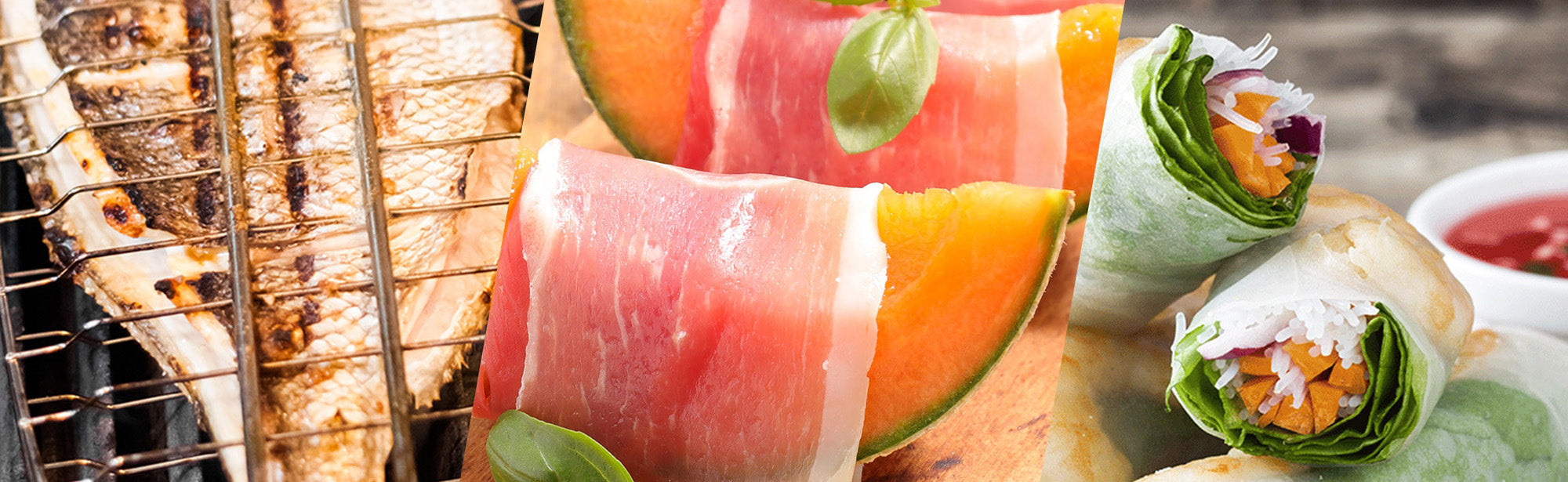 Grillfisch, Schinken mit Melone und Sommerrollen mit Gemüsefüllung auf einem Teller arrangiert.