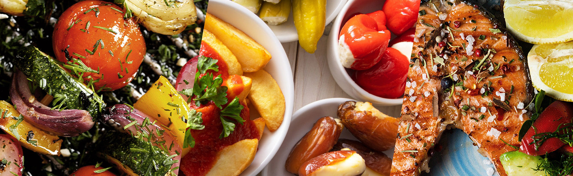 Eine Collage aus gegrilltem Gemüse, Pommes mit Soße, gefüllten Peperoni und gegrilltem Lachs mit Zitronenscheiben.