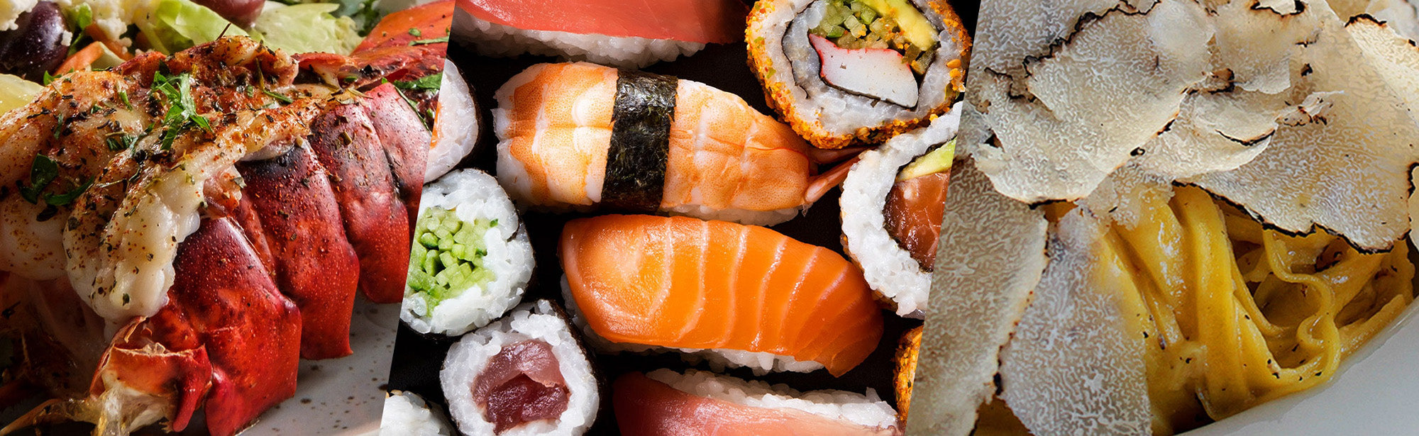 Drei Speisen: Hummer mit Kräutern, Sushi-Mix, und Tagliatelle mit Trüffelscheiben.