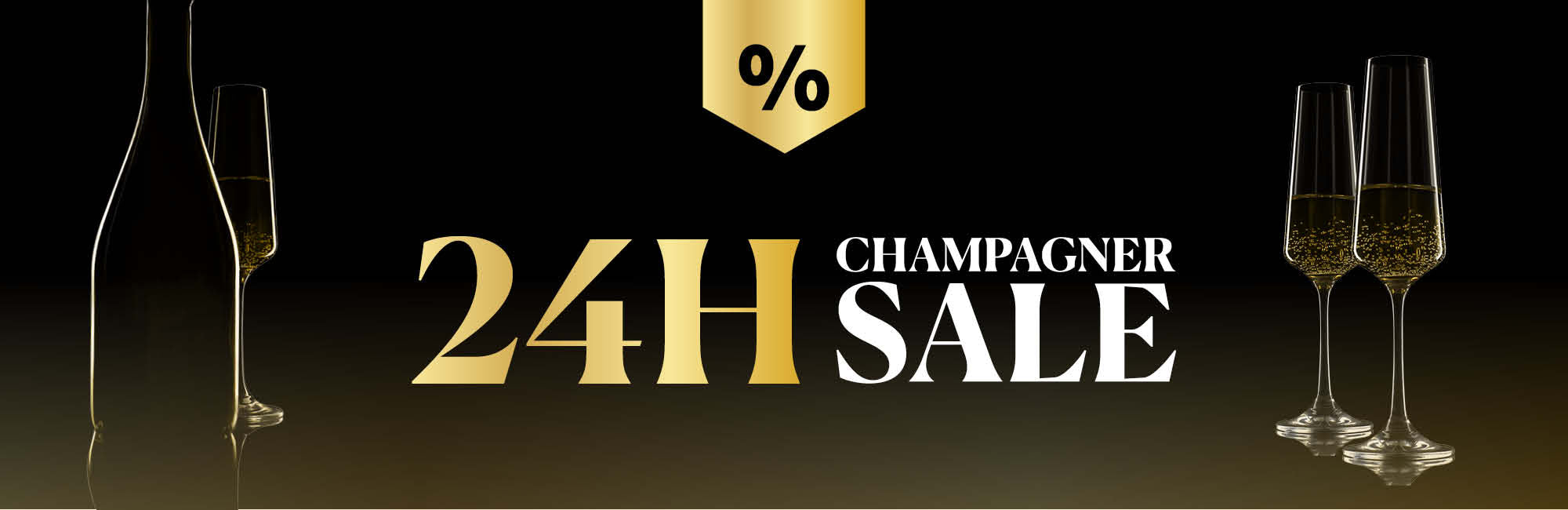 Schwarzer Hintergrund mit goldener Schrift: „Champagner-Sale, 24 Stunden prickelnde Angebote, bis zu -34%“.