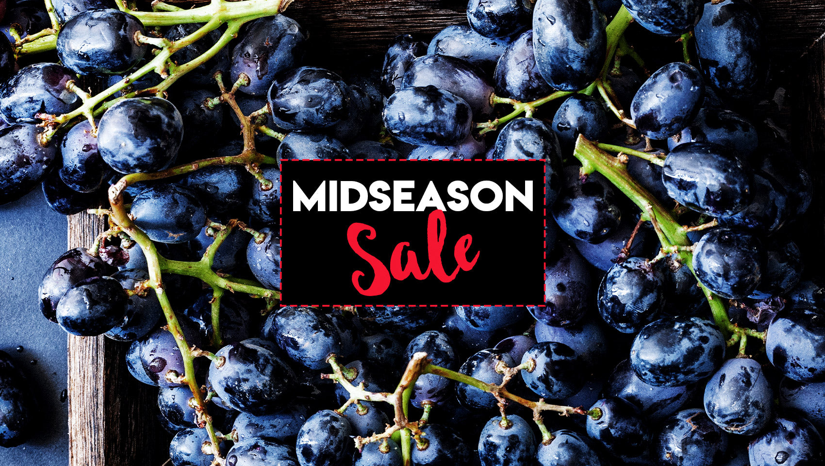 Blaue Trauben mit einem schwarzen Schild in der Mitte, auf dem in Weiß und Rot "Midseason Sale" steht.