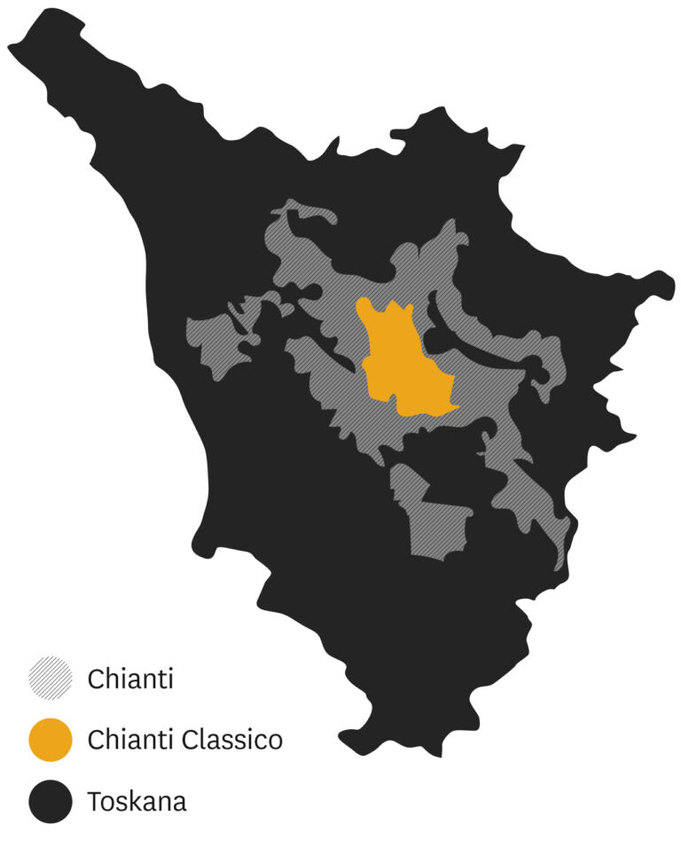 Karte der Toskana mit den Regionen Chianti (grau) und Chianti Classico (orange).