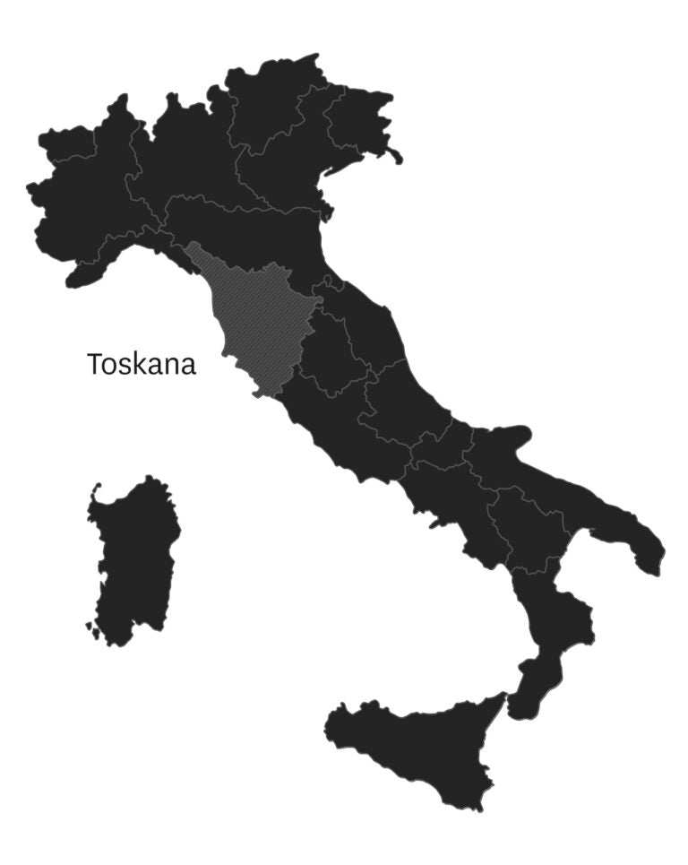 Karte von Italien mit hervorgehobener Region Toskana in einem helleren Farbton.