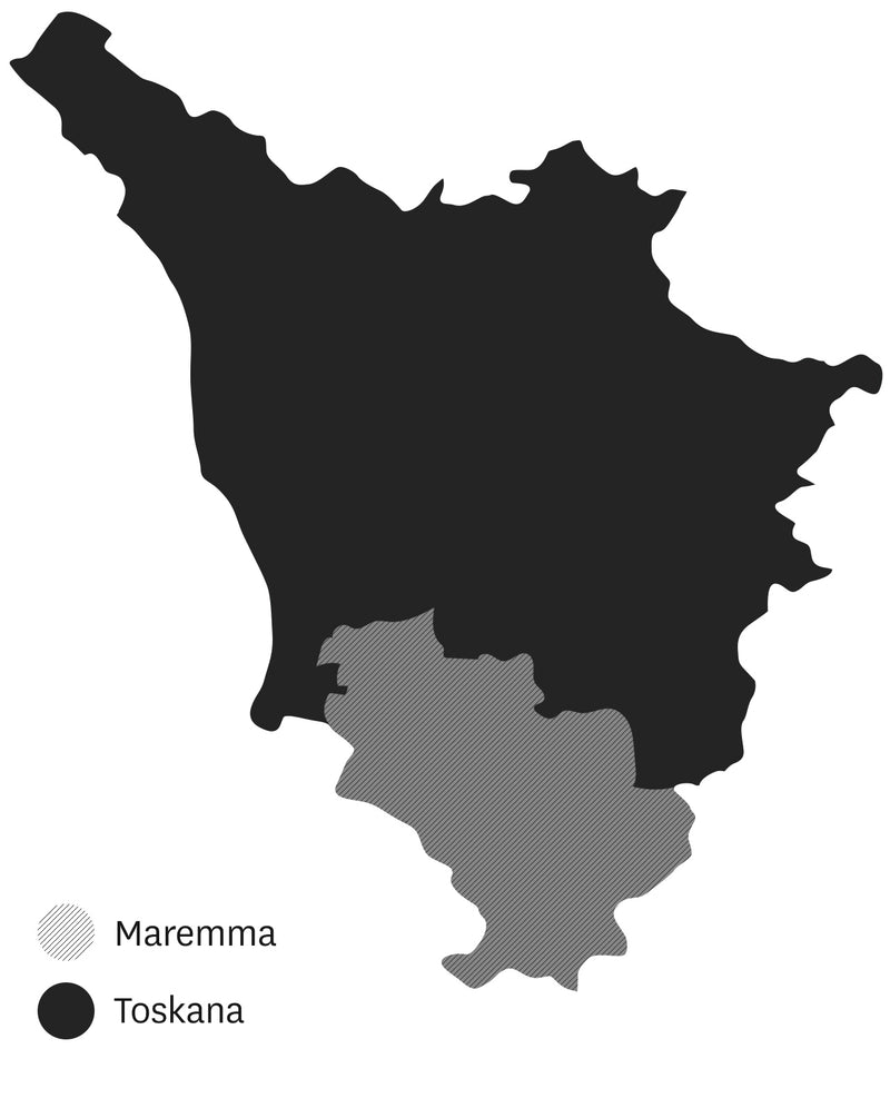 Karte zeigt die Region Toskana in Schwarz und die Maremma in Schraffur innerhalb der Toskana.