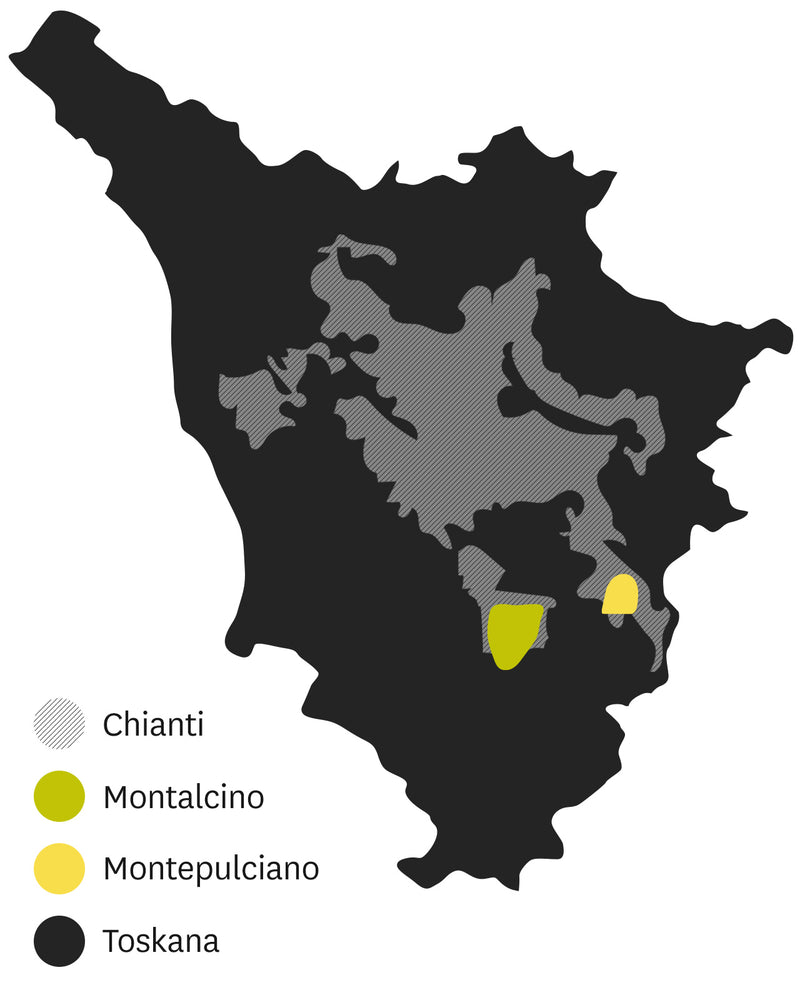 Karte der Toskana mit farblich hervorgehobenen Weinregionen: Chianti (grau), Montalcino (grün) und Montepulciano (gelb).