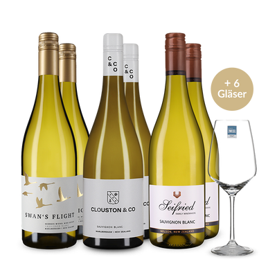 Neuseeland entdecken: Sauvignon Blanc im 6er-Set + 6 Weingläser