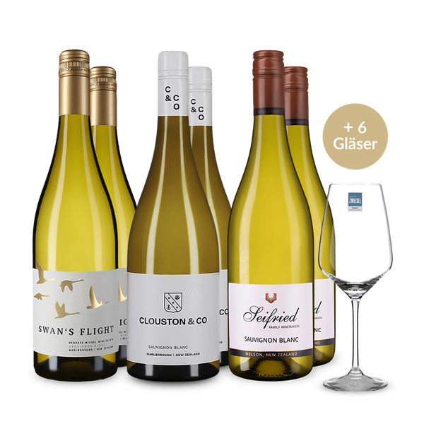 Neuseeland entdecken: Sauvignon Blanc im 6er-Set + 6 Weingläser