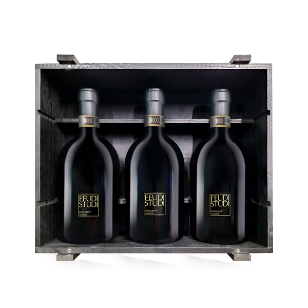 3 Flaschen Feudi Studi Rosamilia Taurasi Vertikale in der Holzkiste 2014-2016-2018