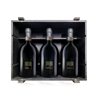 3 Flaschen Feudi Studi Rosamilia Taurasi Vertikale in der Holzkiste 2014-2016-2018