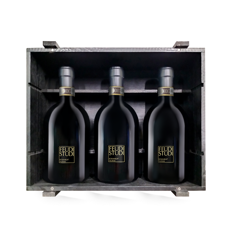 3 Flaschen Feudi Studi Rosamilia Taurasi Vertikale in der Holzkiste 2014-2016-2018