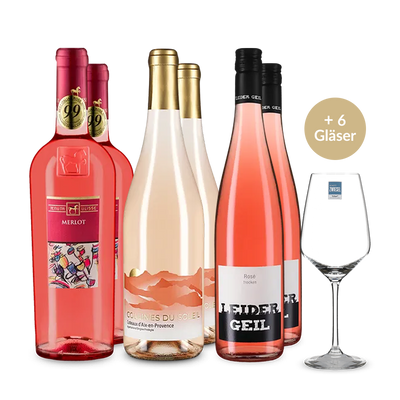 Rosé deluxe: 6 Flaschen + 6 Gläser im Set