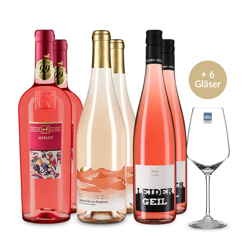 Rosé deluxe: 6 Flaschen + 6 Gläser im Set