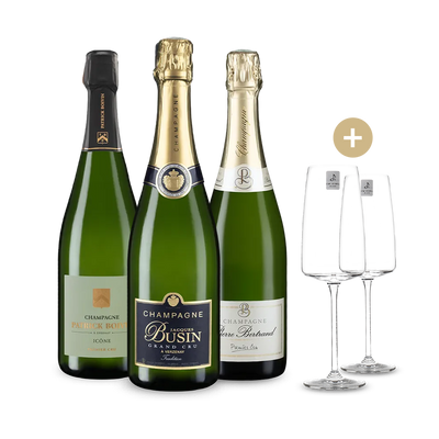 Cru Champagner im 3er-Set + 2 Schaumweingläser