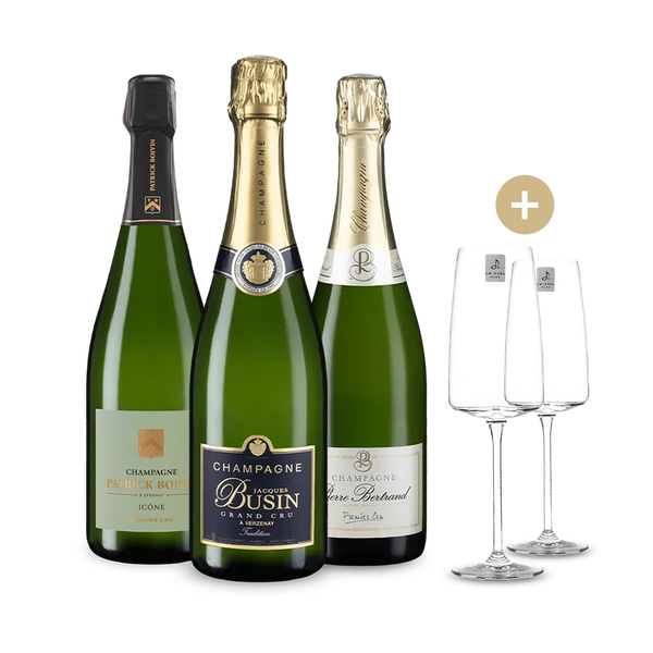 Cru Champagner im 3er-Set + 2 Schaumweingläser