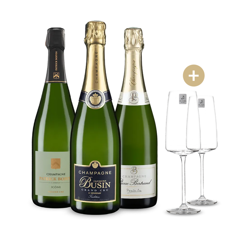 Cru Champagner im 3er-Set + 2 Schaumweingläser