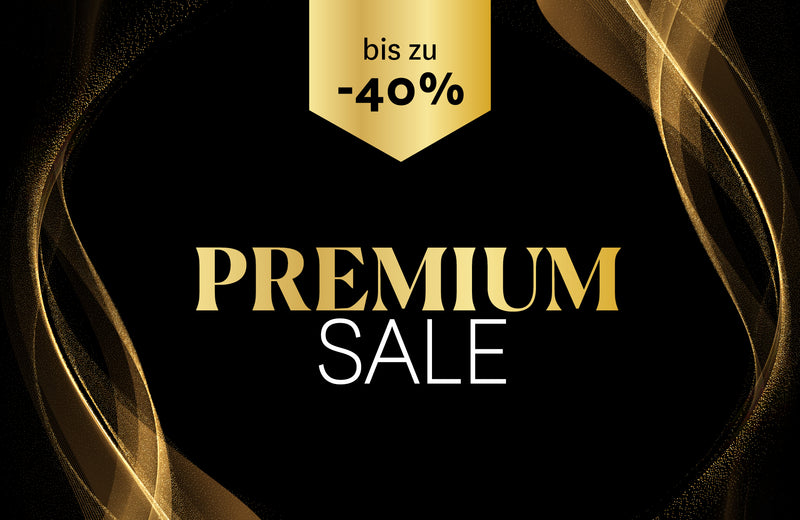 Goldenes Banner mit der Aufschrift "bis zu -40%" und "PREMIUM SALE" auf schwarzem Hintergrund mit goldenen Akzenten.