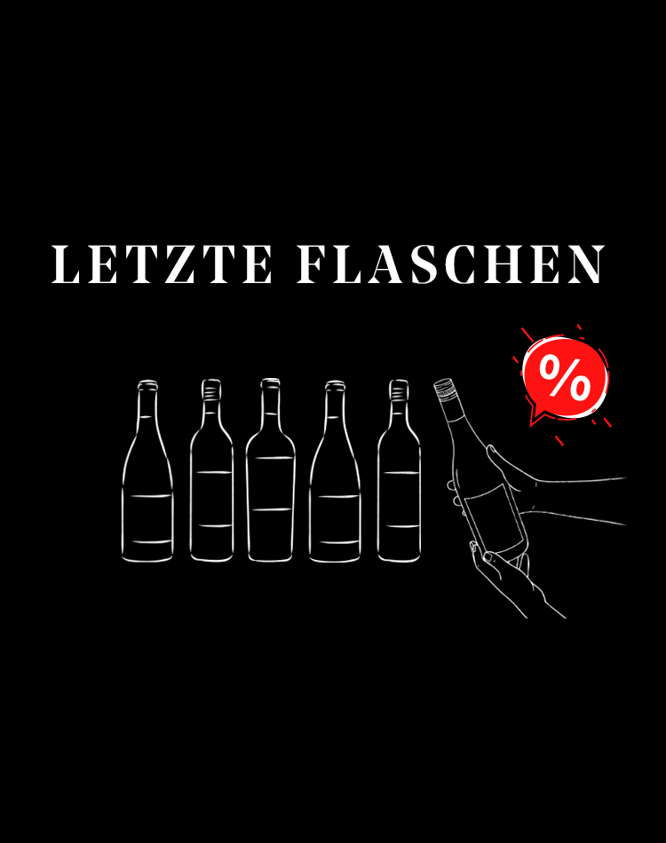 Sechs gezeichnete Flaschen mit dem Text "Letzte Flaschen" darüber und einem Rabatt-Symbol rechts.