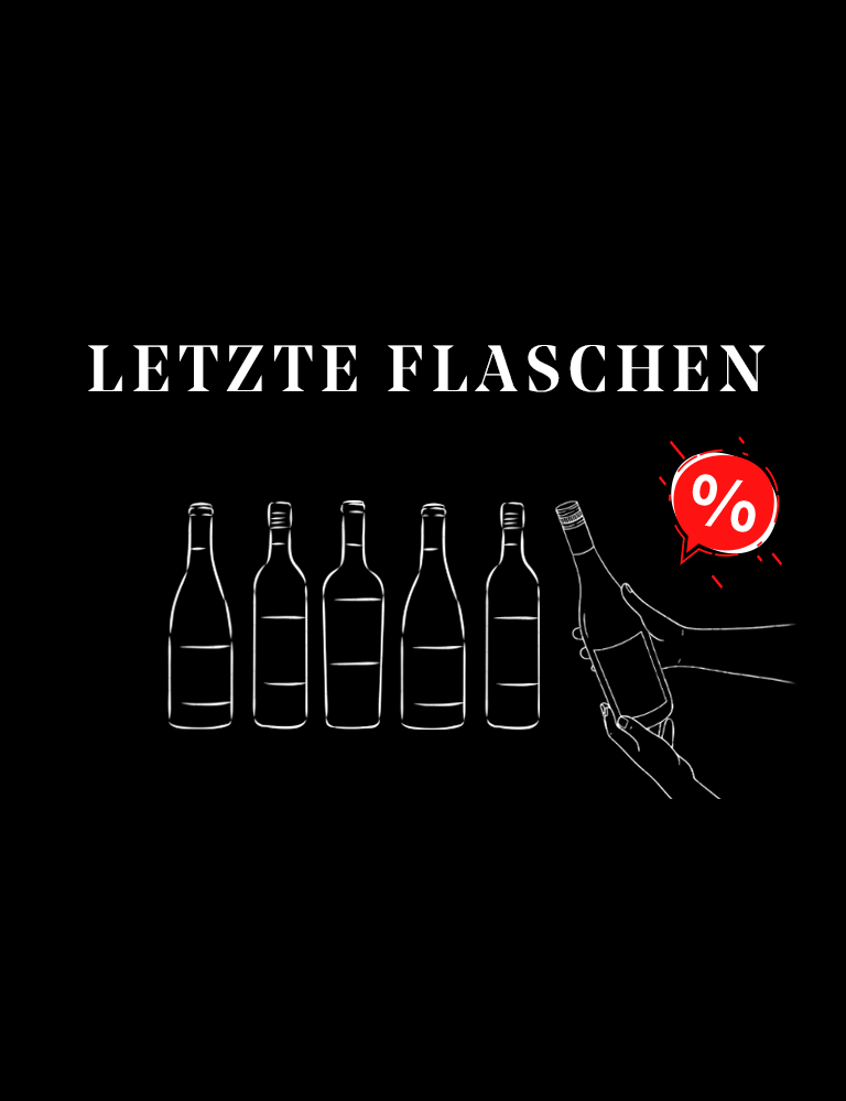 Fünf Flaschen mit der Aufschrift "LETZTE FLASCHEN" und einer Hand, die eine Flasche mit Prozentzeichen hält.