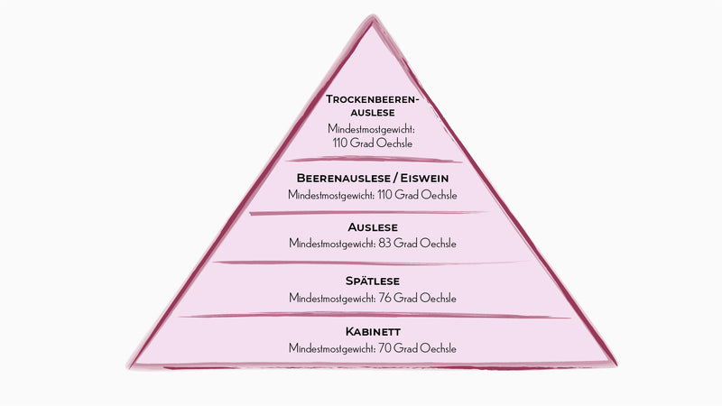 Eine Pyramide zeigt Weinqualitätsstufen nach Mindestmostgewicht in Grad Oechsle: Kabinett, Spätlese, Auslese, Beerenauslese, Trockenbeerenauslese.